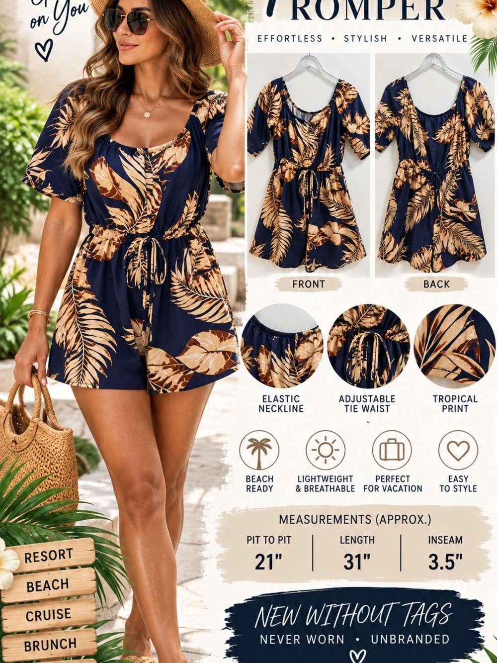 Tropical Palm Leaf Romper Navy Tan Resort Vacation Boho